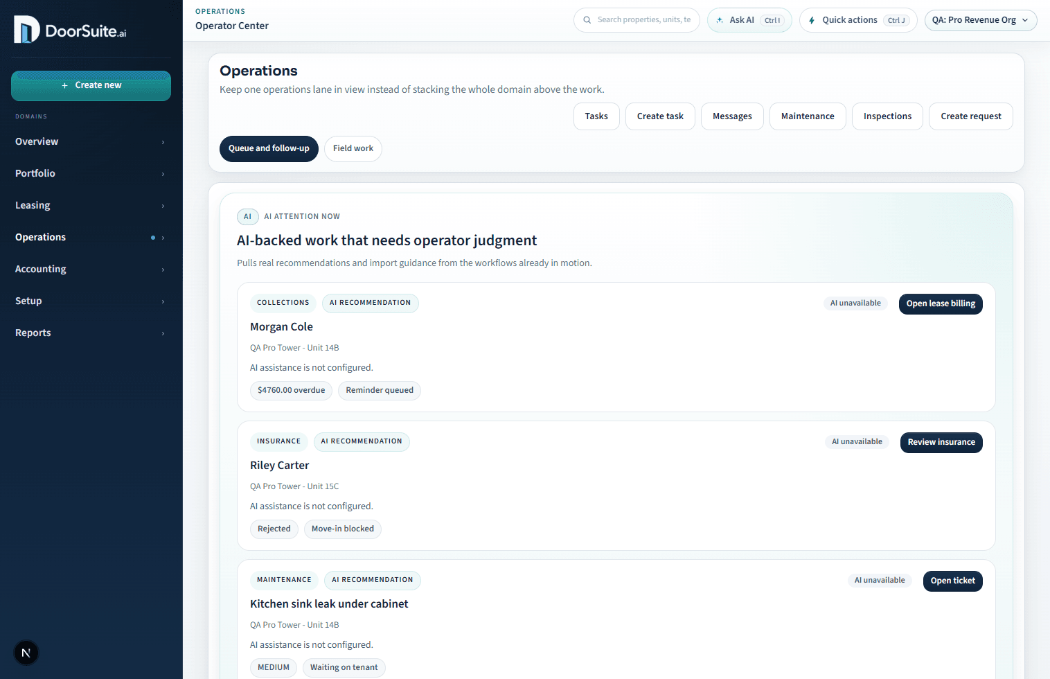 DoorSuite operator center with AI-backed attention items and action queues.