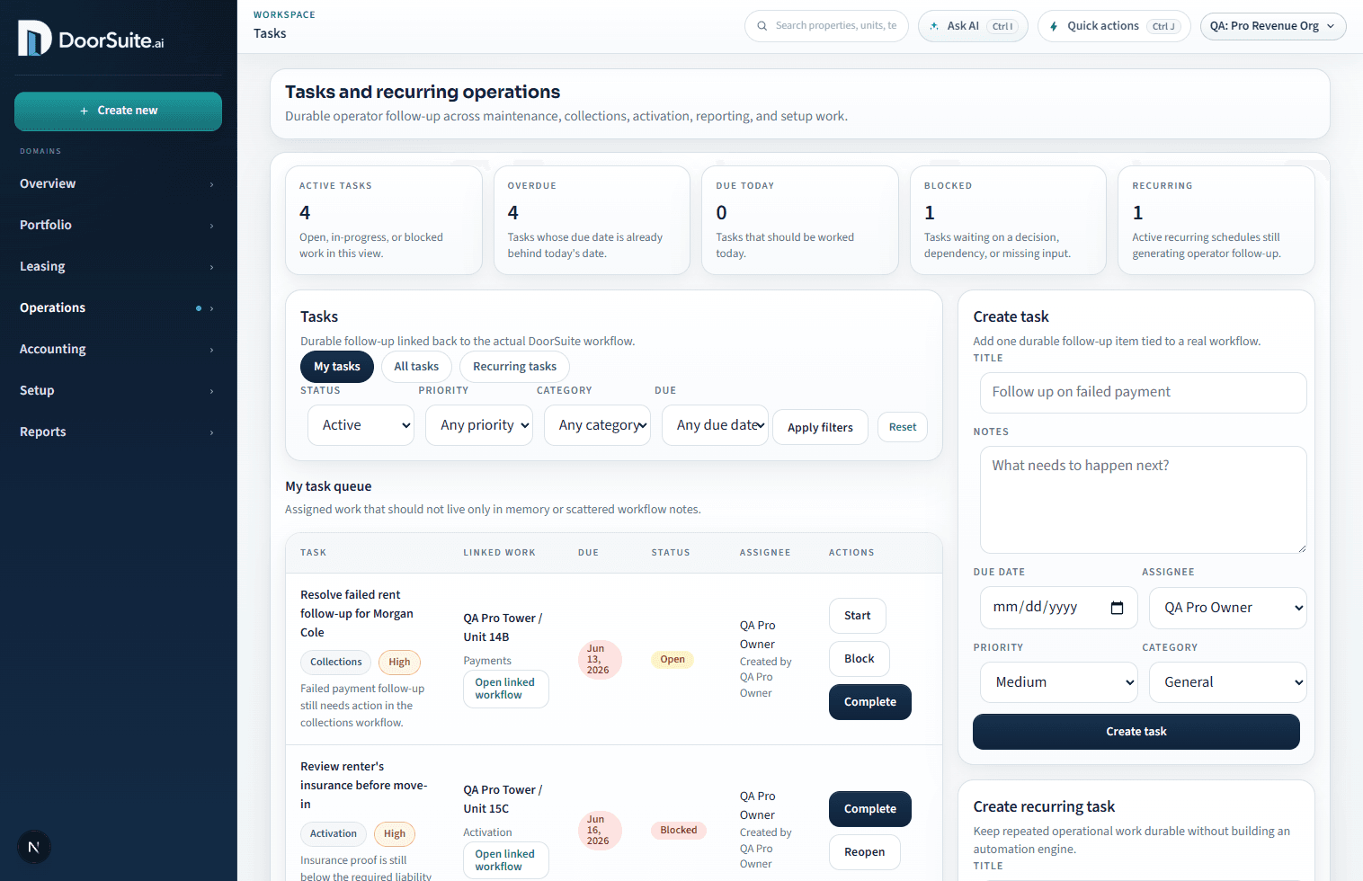DoorSuite tasks workspace with active tasks, recurring schedules, and linked workflow context.